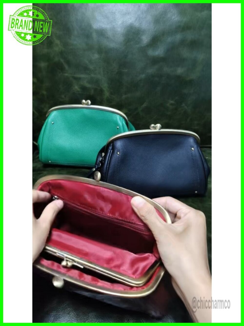 Full Grain Leather Kiss Lock Clutch Purse Evening Bag - Picture 6 of 6